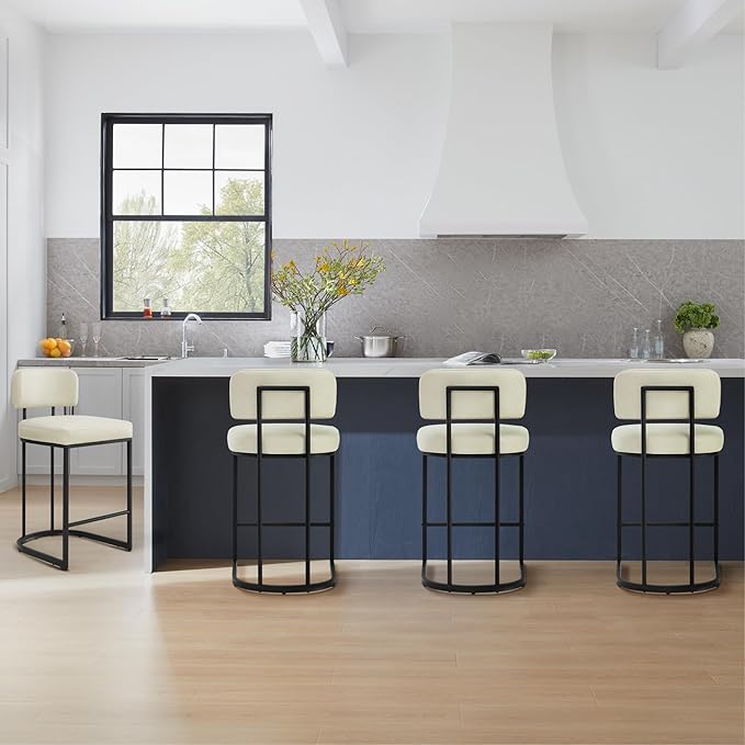 26" H Counter Height Bar Stools Set of 2, Modern Faux Leather Upholstered Barstools with Backrest for Kitchen Island, Black Metal Frames, Cream