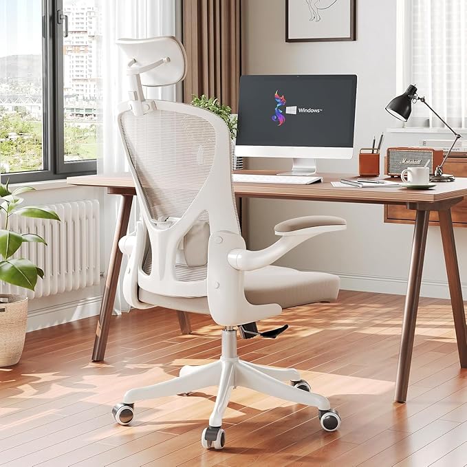 Ergonomic Office Chair with Adjustable Lumbar Support & Flip-Up Armrests - High Back Computer Desk Chair with Thickened Seat Cushion, Rolling Wheels for Home/Office Study Work