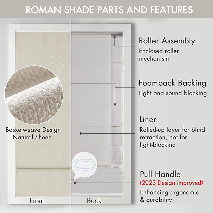 Madison Park Galen Cordless Roman Shade, 27"W x 64"H, Sheen Ivory – Room Darkening, Thermal Insulated, Energy Efficient Window Blind with Subtle Sheen Basketweave Fabric for Privacy