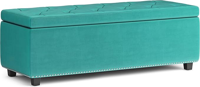 SIMPLIHOME Hamilton 48 inch Wide Traditional Rectangle Storage Ottoman in Aqua Blue Velvet Fabric, Assembled for the Living Room, Entryway and Family Room