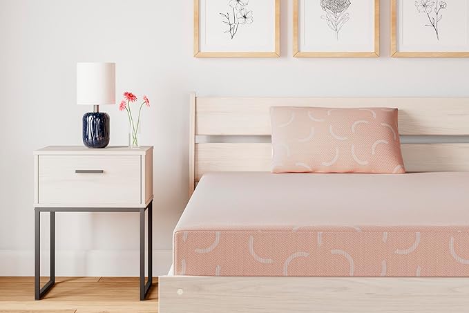 Signature Design by Ashley Twin Size iKidz 7 Inch Firm Gel Memory Foam Mattress with Stretch Knit Cover & Pillow Included, Pink Coral, Fiberglass Free, Mattress in A Box