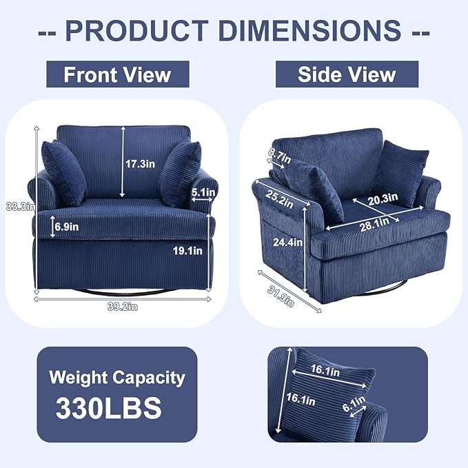 Karl home 39" Swivel Accent Chair,Oversized Seat Armchair W/2 Pillows and 4 Pockets,Modern Upholstered Corduroy Barrel Chair,Comfy Single Sofa for Living Room,Reading,Bedroom and Office-Dark Blue