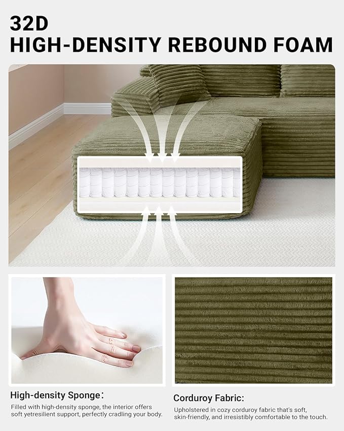 108 Inch Cloud Sectional Couch,Modern Modular Sectional Sofa with Deep Seat,Corduroy Boneless Couches with L-Shape Chaise for Living Room,No Assembly Required (Green, Left Facing Chaise)