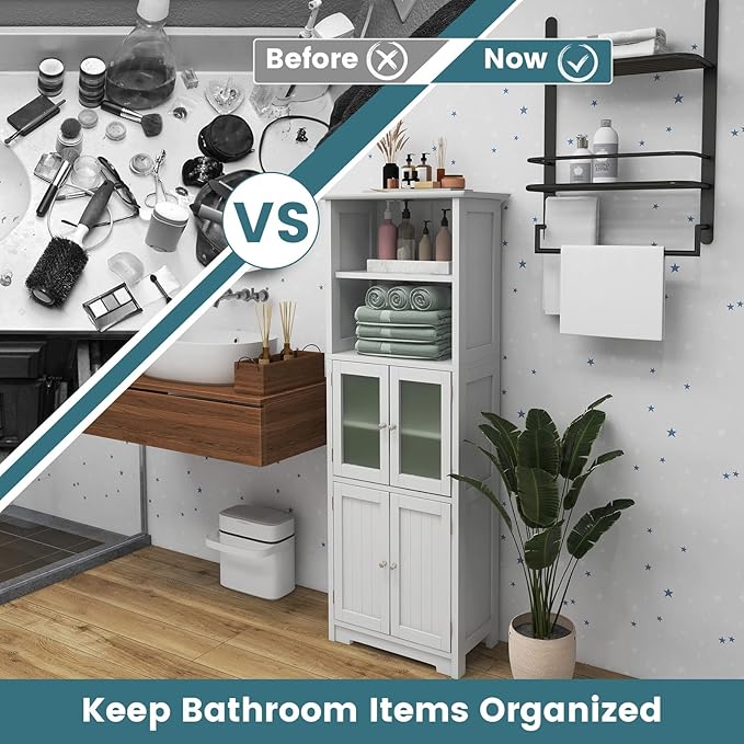 LOKO Tall Bathroom Cabinet, Modern Storage Organizer with Doors & Open Shelves, Wooden Floor Cabinet with Adjustable Shelves for Bathroom, Living Room or Kitchen (White)