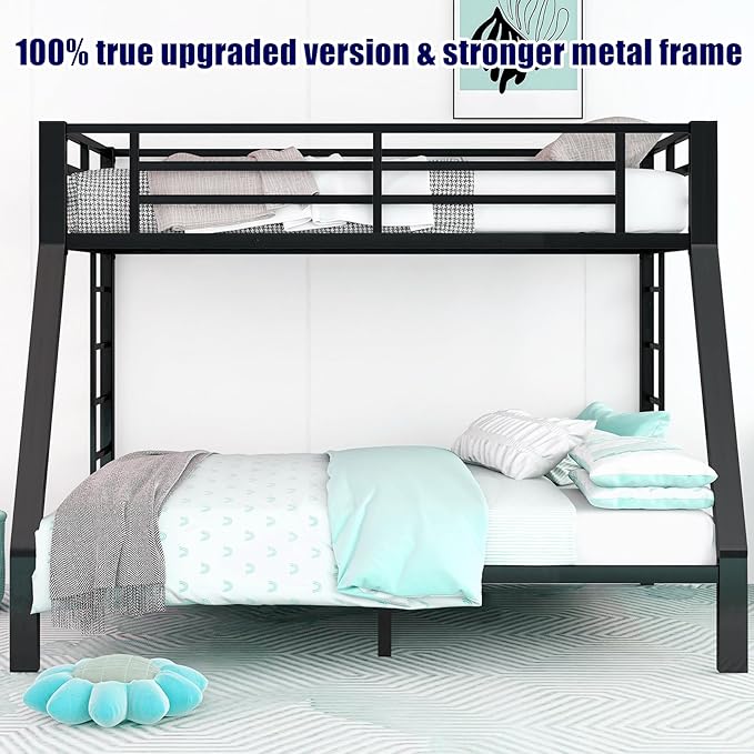 Higher Quality & Stronger Heavy Duty Steel Black Bunk Bed Twin XL Over Queen Size Bunkbed, Thickened More Stable Safer Metal Bunk Queen Bed (Easier to Assemble) (Twin XL Over Queen)