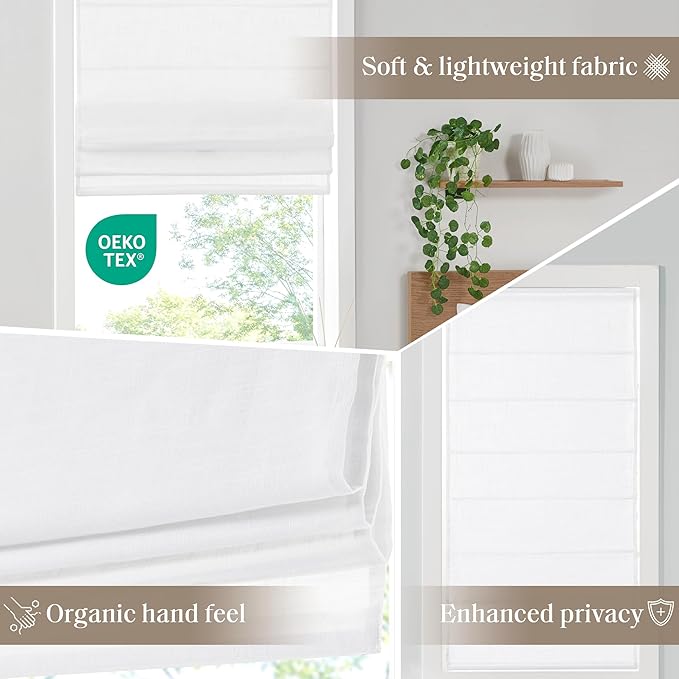 Madison Park Kyler Cordless Roman Shades - Single Panel, Lightweight Linen Blend Fabric, Natural Design, Easy Installation, Light Filtering Window Blind, Bedroom, Living Room Decor 34"W x 64"H White