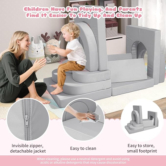 12 Pcs Modular Kids Play Couch, Toddler Couches That Fold Out, Plush Foam Chair for Children’s Playroom, Velvet Fabric Convertible Foam and Floor Cushion for Boys and Girls (Gray,07)