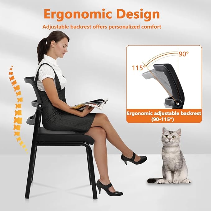 CLATINA Stackable Waiting Room Chair with Adjustable Mesh Backrest, Armless Office Guest Reception Chairs with Ergonomic Lumbar Support and Leather Cushion for Conference Lobby Side School, Black
