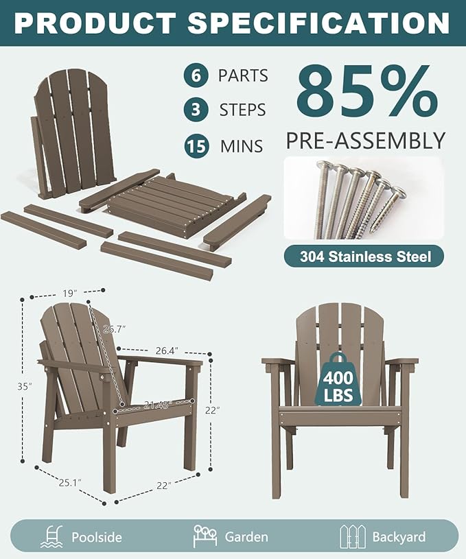 Adirondack Chair Set of 4, All Weather HDPE Fire Pit Chairs, Oversized Plastic Adirondack Chair for Outdoor, Balcony, Deck, Backyard, Patio, Garden, Poolside, Lawn Brown