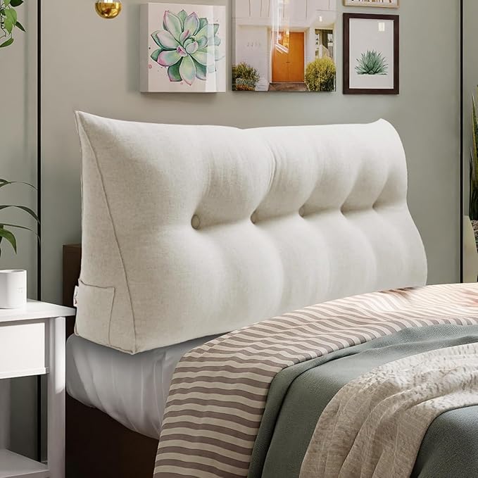WOWMAX Headboard Pillow Queen Triangular Bed Wedge Pillow for Headboard Large Bolster Pillow for Bed with Removable Cover, 85% Linen 15% Cotton Blend, Pure White