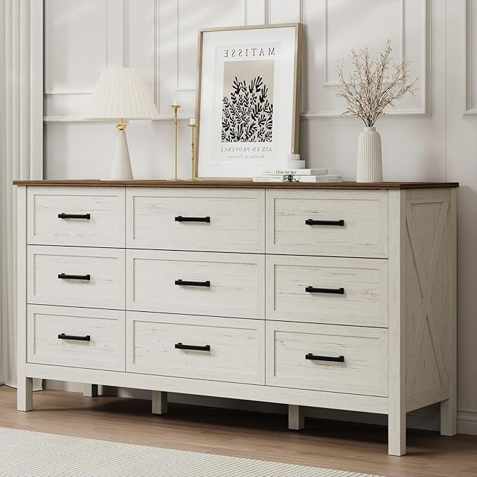 LYNSOM Farmhouse 9 Drawers Dresser for Bedroom, 55" Wide Wood Rustic Chest of Drawers with Natural Texture, Metal Handle, Storage Dressers Organizer for Entryway, Hallway, Antique White