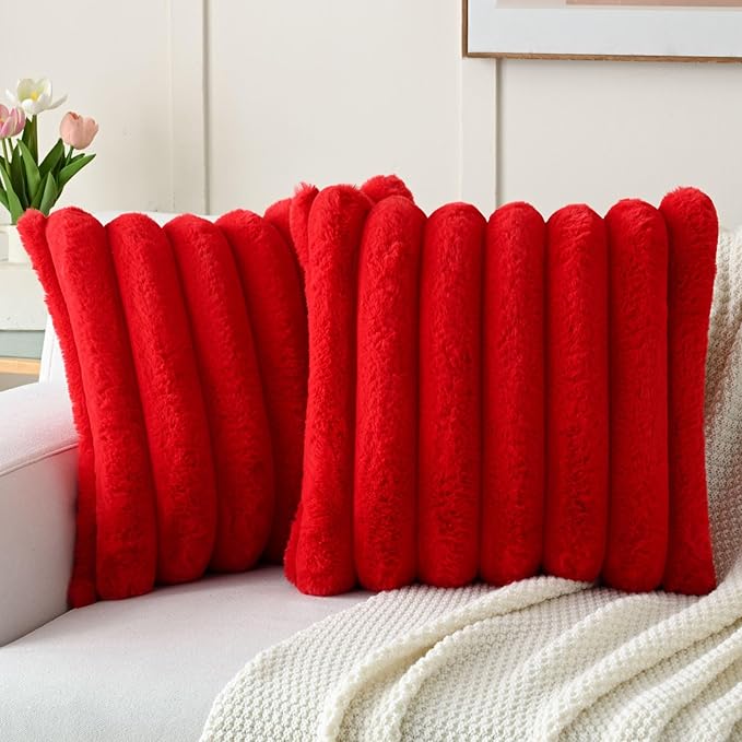 FUTEI Christmas Red Decorative Throw Pillow Covers 24x24 Inch Set of 2, Square Soft Faux Rabbit Fur Thick Striped European Cushion Covers,Winter Home Decor for Couch Bed Living Room