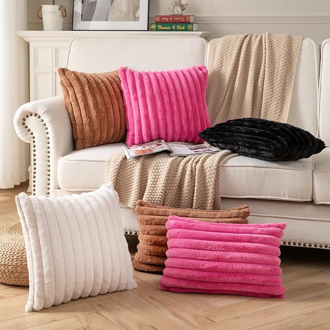 DEELAND Pack of 2,Double-Sided Faux Fur Plush Decorative Throw Pillow Covers Fuzzy Striped Soft Pillowcase Cushion Covers for Sofa Couch Bedroom Brown 26x26 inch