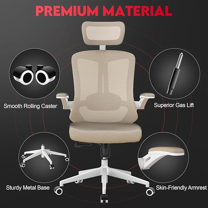 Ergonomic Office Chair - 400LB Comfy Desk Chairs with Adjustable Headrest and Lumbar Back Support, Mesh Computer Chairs with Wheels and Arms for Home Office, Study, Bedroom and Dorm (04khaki)