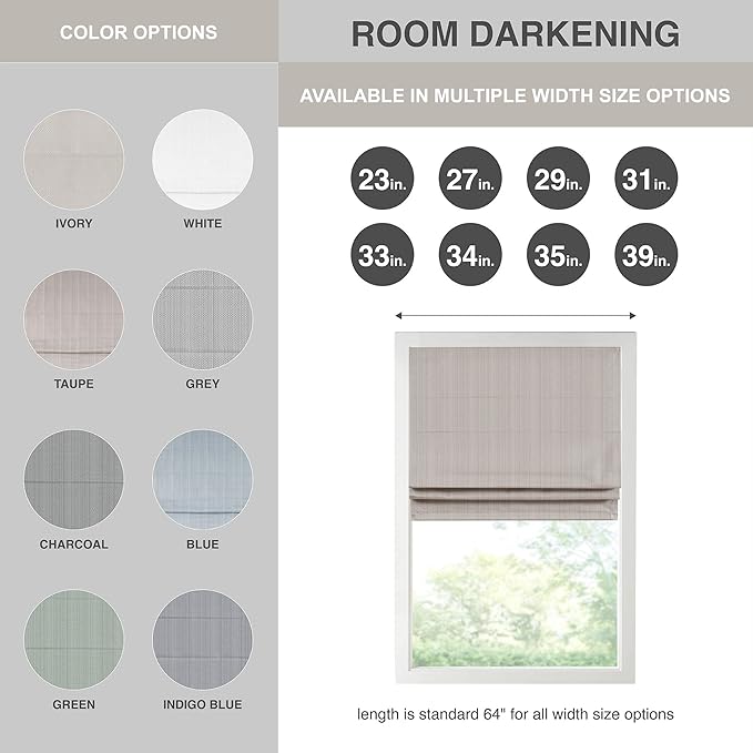 Madison Park Galen Cordless Roman Shade, 35"W x 64"H, Sheen Taupe – Room Darkening, Thermal Insulated, Energy Efficient Window Blind with Subtle Sheen Basketweave Fabric for Privacy