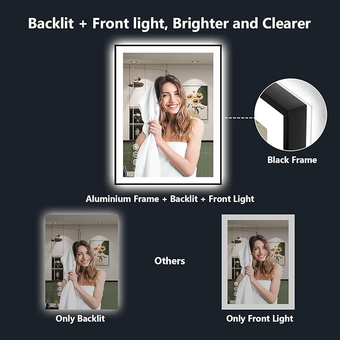 24x36 Inch LED Bathroom Mirror with Lights (Front Lit and Backlit) Black Framed Lighted Vanity Mirror for Bathroom Wall Dimmable Anti-Fog Memory Tempered Glass Horizontal/Vertical