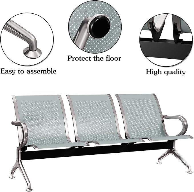 Kinsuite 5-Seat Reception Chair - 2pcs Waiting Room Chairs with Arms & Stainless Steel Frame, Waiting Room Bench, Lobby Chairs for Office Airport Bank Hospital, Silver
