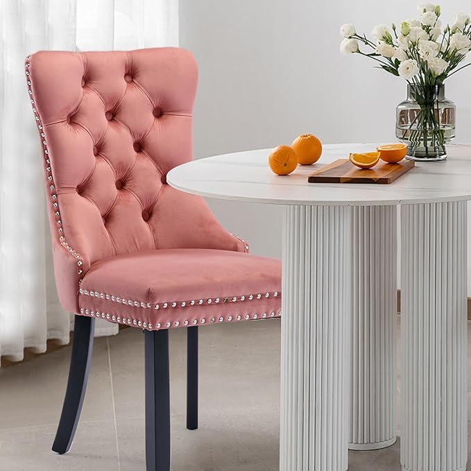 Velvet Upholstered Dining Chairs Set of 6, Modern Style Kitchen Side Chairs with Nailhead Trim and Wood Legs,Metal Pulling Ring for Dining Room Living Room(Pink)