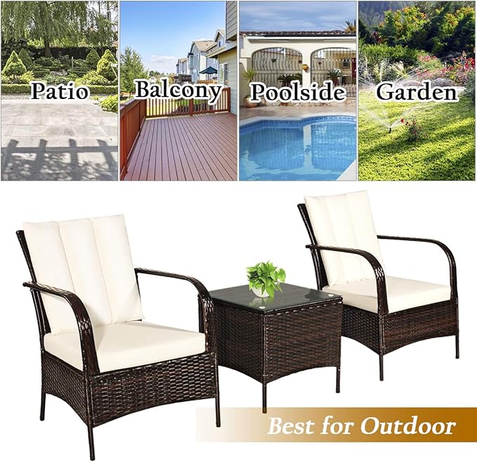 COSTWAY 3 Pieces Patio Rattan Furniture Set, Outdoor Conversation Chair Set with Coffee Table & 2 Cushions for Backyard, Porch, Poolside, Lawn, Garden, White