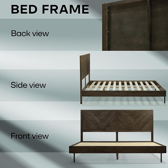 Acacia Alander Bed Frame Queen Size with High Headboard Solid Wood Platform Bed, Tall Headboard Natural Wood Bed Compatible with All Mattresses, Quick & Easy Assembly, No Box Spring Needed, Mocha