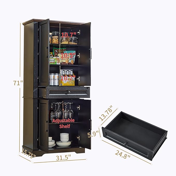 71" Black Tall Pantry Cabinet with Drawer and Adjustable Shelves, Modern Storage Cabinet with Doors, Kitchen Buffet Cabinet, Food Pantry Storage Cabinet, Coffee Bar, Living Room and Dining Room