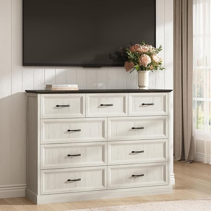 CARPETNAL Farmhouse 9 Drawer Dresser for Bedroom, 55 Inch Wide Modern White Dresser TV Stand with Large Drawers & Bar Handles, Rustic Wood Chest of Drawers for Bedroom, Living Room, Hallway, Entryway.