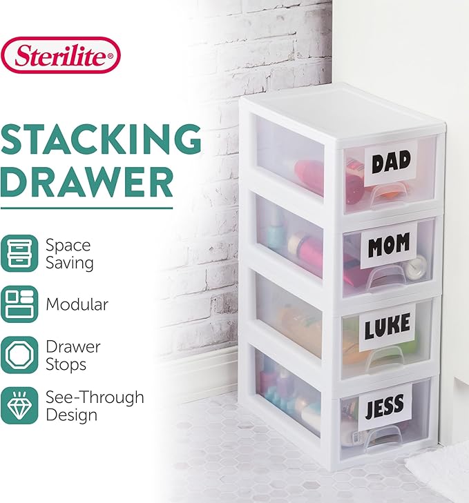 Sterilite 18-Pack Stacking Drawers, Clear Storage Closet Organizer, White Frame, 6 Quart