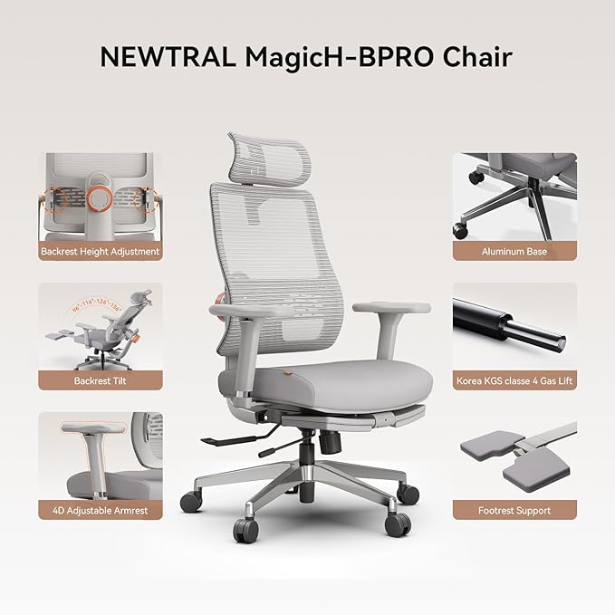 Newtral Best Ergonomic Office Chair with Adaptive Lumbar Support, Laptop Tray, Home Office Desk Chair with 4D Armrest & 5D Headrest, High Back Swivel Desk Computer Chair with Footrest