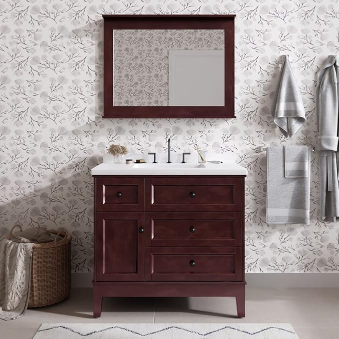 Hanover 36 Set Includes w, Brown Bedford 36'' Vanity Sink Combo for Bathroom, Powder Room | Pre-Assembled 1 Door, 3 Drawers | Accent Mirror | Artificial Stone Countertop, Cabinet, 36 inches