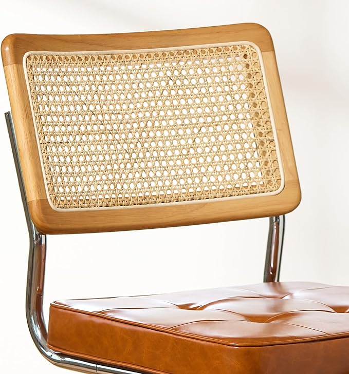 Brown Faux Leather Rattan Dining Chairs Set of 2, Wooden Mid Century Modern Dining Room Chairs, Mesh Back Cane Kitchen Chair, Cesca Design Chairs with Metal Chrome Legs