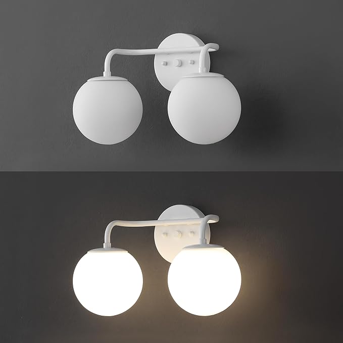 JONATHAN Y JYL3535D Louis Parisian Globe 15" 2-Light Metal/Frosted Glass Modern Contemporary LED Vanity Light Midcentury, Glam, Transitional, Bathroom, Powder Room, Dressing Room, Bedroom, White