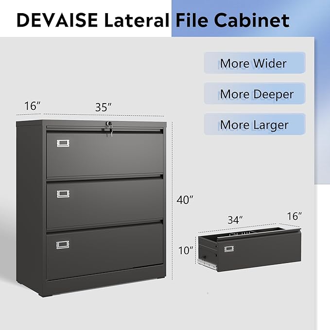 DEVAISE 3 Drawer Lateral File Cabinet with Lock, Metal Filing Cabinets for Home Office, 16" D x 35" W x 40.5" H Wide Storage Organization for Hanging Files Letter/A4/Legal/F4 Size, Black