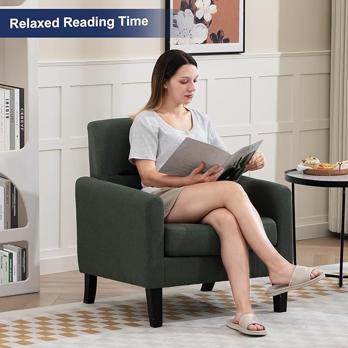 Accent Chair, Mid Century Modern Living Room Chairs Comfy Reading Chair with Upholstered Cushion Relax Armchair for Bedroom Apartment,Office, Green
