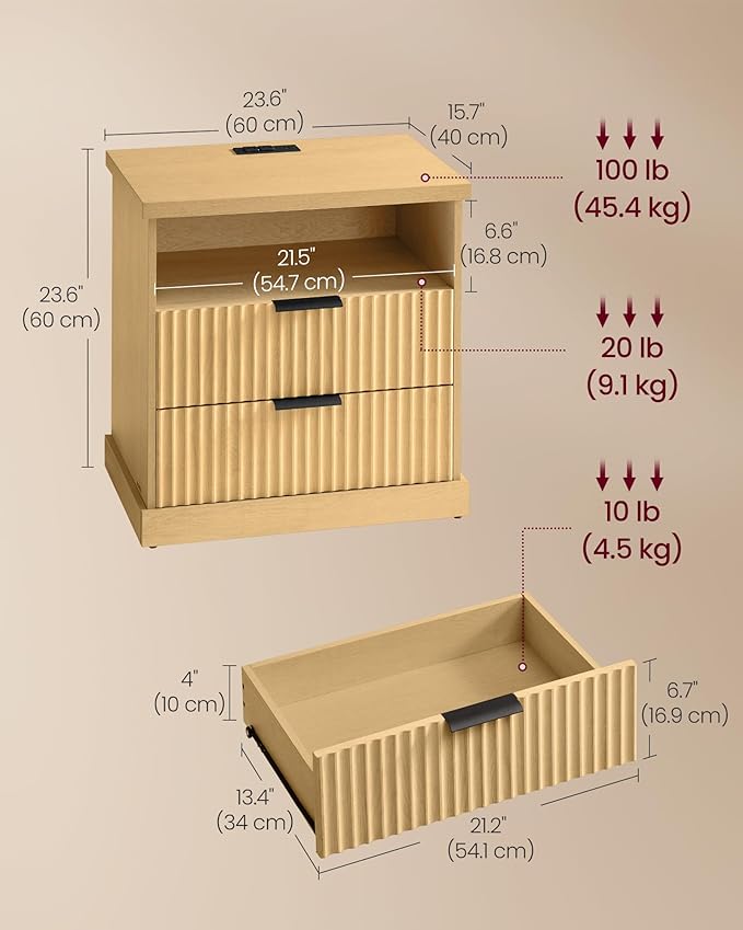 VASAGLE MAXE Collection - Nightstand with Charging Station, Fluted Night Stand, Bedside Table, Mid Century Modern Side End Table, 2 Drawers, 2 AC Outlets, 2 USB Ports, Oak Beige ULET626Y01S