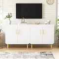 Set of 2 Fluted White Storage Cabinets, Modern 2-Door Sideboard Buffet Cabinet with Adjustable Shelves and Metal Legs, Accent Cabinet for Kitchen, Living Room, Entryway (White & Gold)