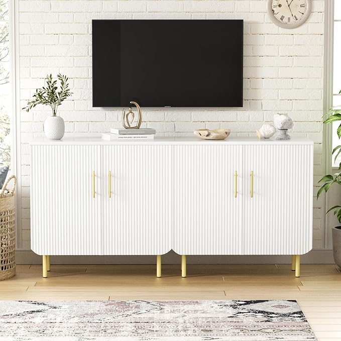 Set of 2 Fluted White Storage Cabinets, Modern 2-Door Sideboard Buffet Cabinet with Adjustable Shelves and Metal Legs, Accent Cabinet for Kitchen, Living Room, Entryway (White & Gold)