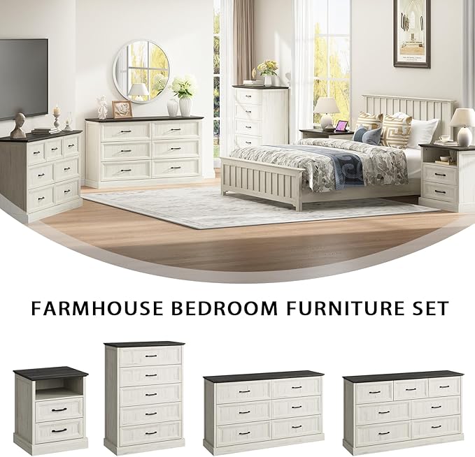 Farmhouse 6 Drawer Dresser for Bedroom, 55 Inch Wide Modern White Dresser TV Stand with Large Drawers & Bar Handles, Rustic Wood Chest of Drawers for Bedroom