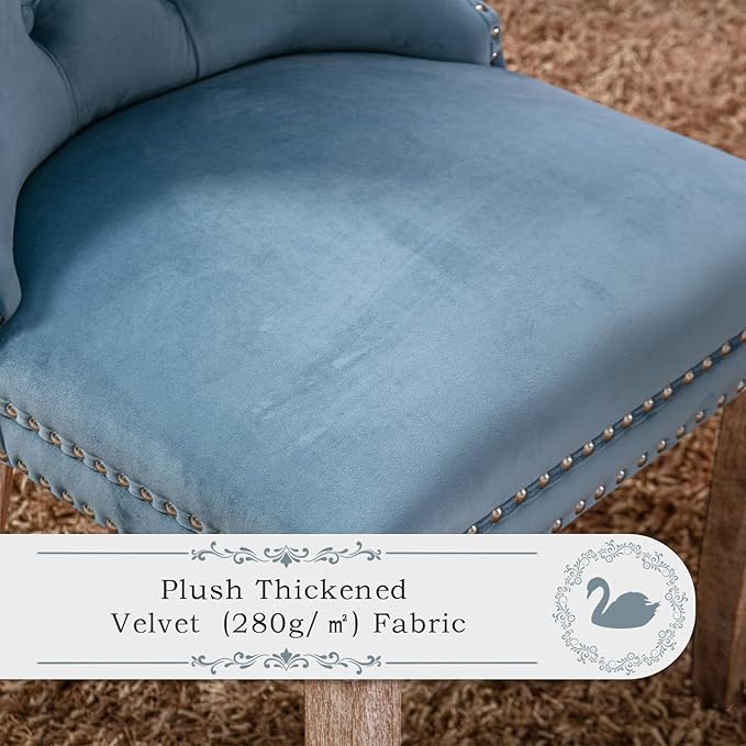 Velvet Upholstered Dining Chairs Set of 4, Modern Style Kitchen Side Chairs with Nailhead Trim and Wood Legs,Metal Pulling Ring for Dining Room Living Room(Sky Blue,Set of 4)