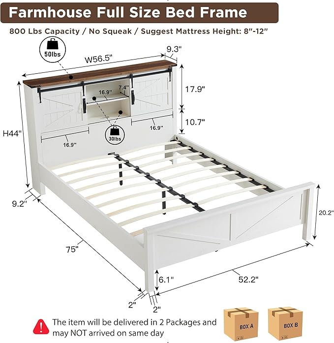 T4TREAM Farmhouse Full Size Bed Frame w/Storage Bookcase Headboard, Sliding Barn Door, Charging Station, Rustic Wood Platform Bed w/Wood Slats Support, No Box Spring Needed, Antique White