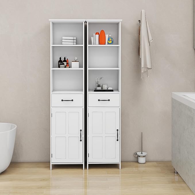 Tall Bathroom Storage Cabinet with Door and Shelves, Narrow Bathroom Cabinet Freestanding, White Slim Storage Cabinet for Home, Kitchen, Anti-Tipping