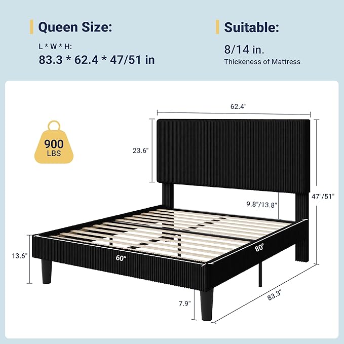 Allewie Queen Size Upholstered Bed Frame with Vertical Channel Tufted Headboard, Soft Corduroy Fabric Platform Bed, Strong Wooden Slats Support, Easy Assembly, No Box Spring Needed, Black