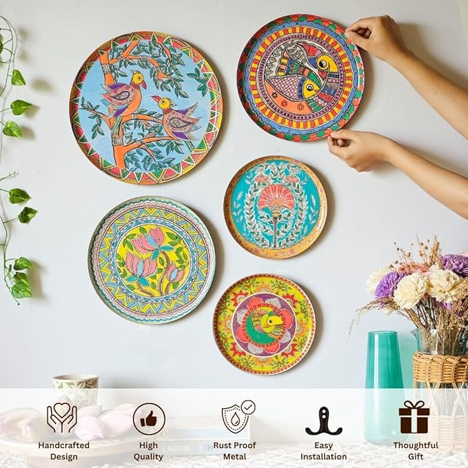 RITUALISTIC Madhubani Wall Plates for home decoration | Wall decor items for living room | Metal Wall décor | Gift items for unisex |wall art | Home Décor & Christmas Gift Items | Set of 5 plates