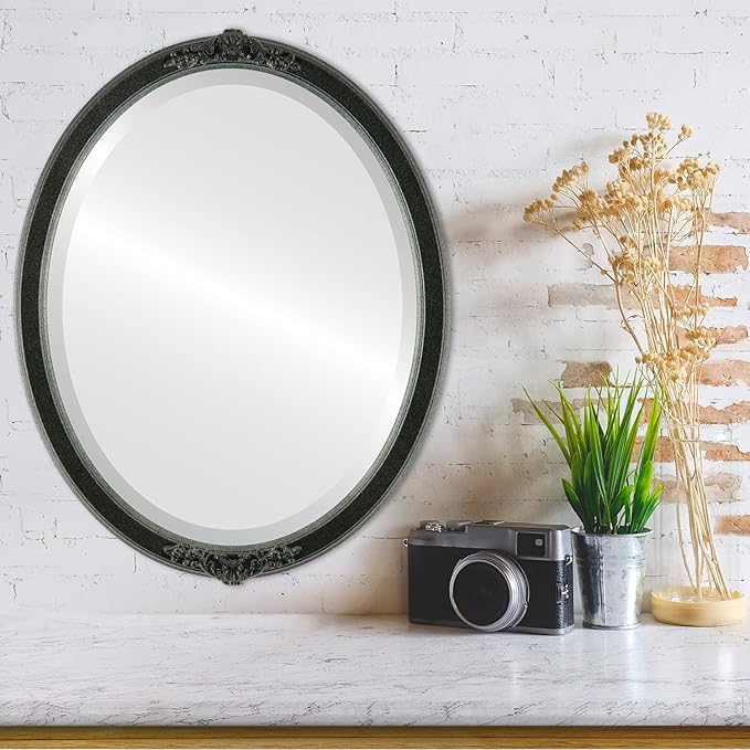 OVALCREST Oval Beveled Wall Mirror for Home Decor - Athena Style - Black Silver - 21" x 17" Outside Dimensions