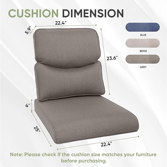 Outdoor Chair Cushion Set of 3, Waterproof Outdoor Seat Cushions 25x22, Patio Chair Cushions for Outdoor Furniture, Couch Cushion Replacement, Include 3 Back & 3 Seat Cushions, Smile/Grey