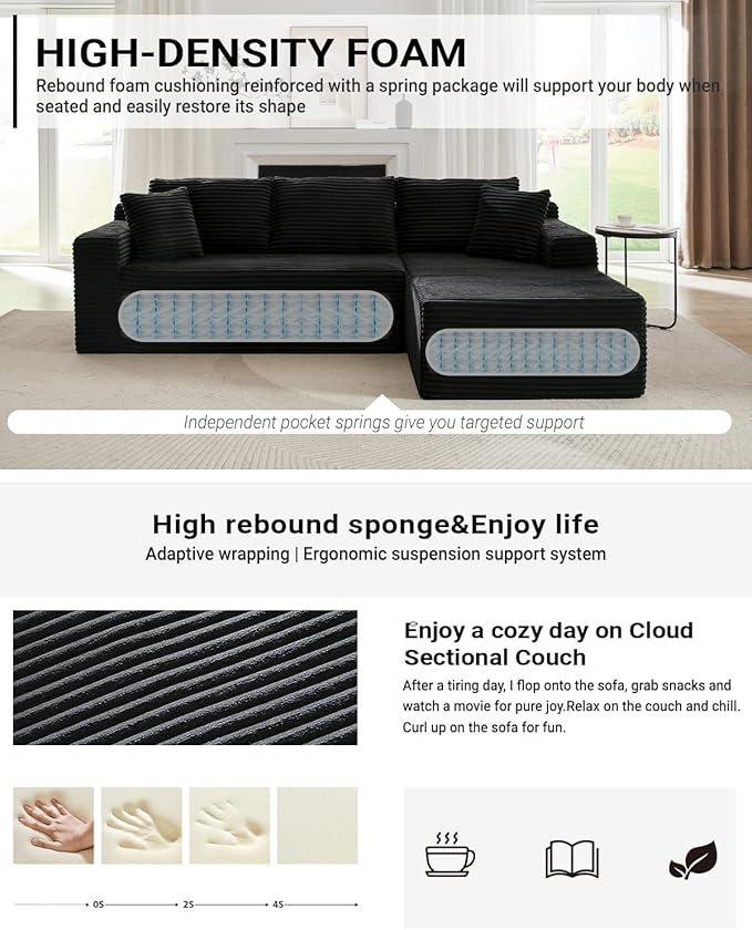 Cloud Sectional Couch, Corduroy Modular Sectional Sofa with L-Shape Chaise, Modern Boneless Couch Comfy Deep Seat for Living Room, Bedroom, Apartment, No Assembly (Black, Right Facing Chaise)