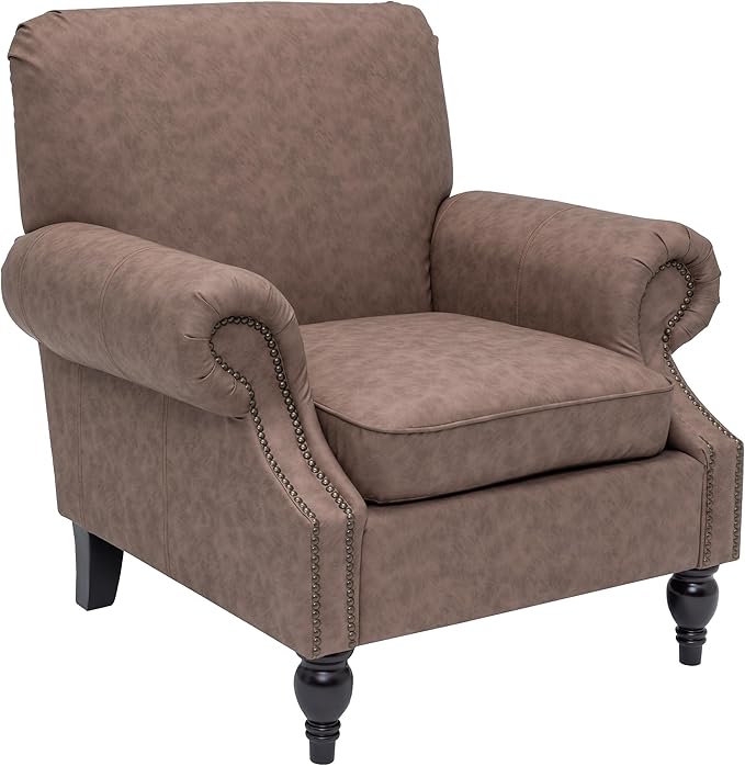 Accent Chair,22.4" Seat Depth Armchair with Roll Arms,36.6W*34.3D*34.6H Living Room Chair,Wood Legs,Set of 1,Faux Leather in Taupe