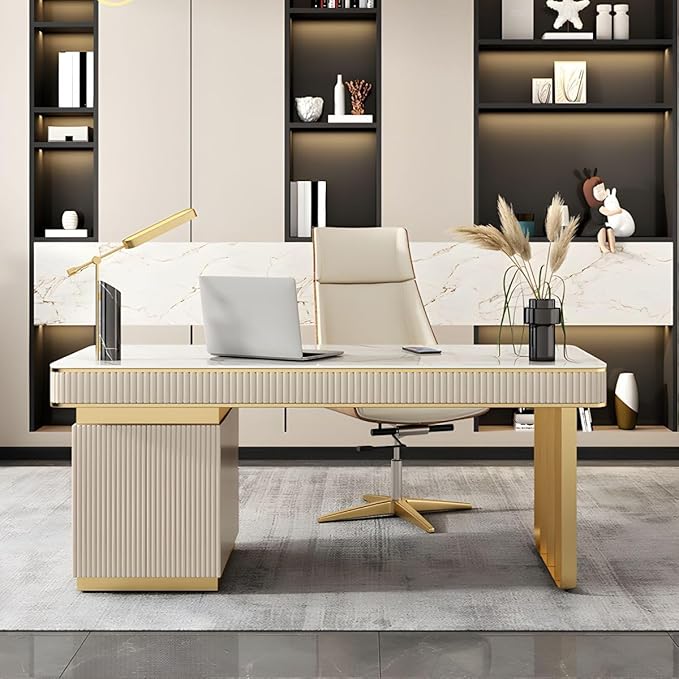 RUNNUP Stone top Computer Desk with 5 Drawers, Rectangular Home Computer Desk Writing Desk, Modern Executive Desk, Without Chairs, Khaki, 55" L x 23.5" W x 29.5" H