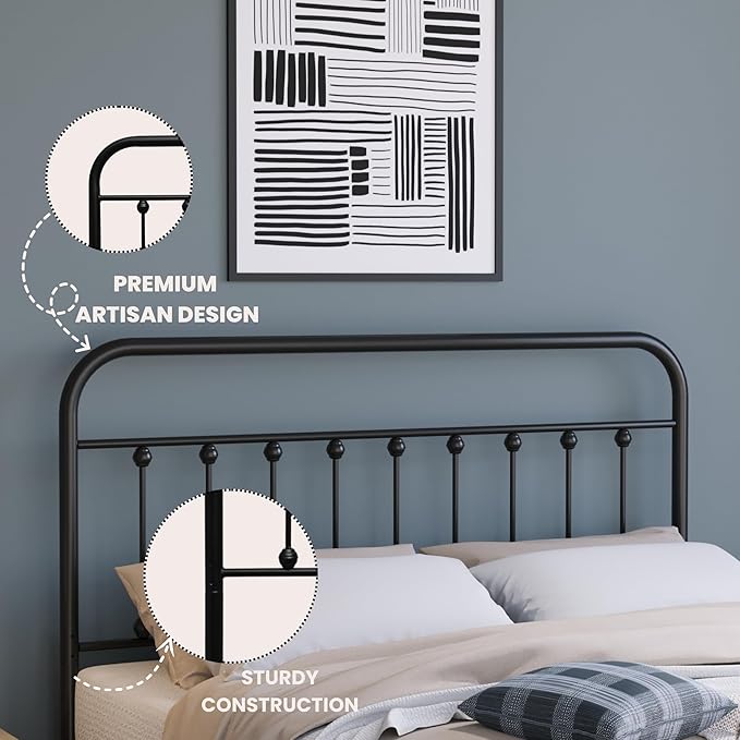 Vintage Metal Headboards, Adjustable Height Iron Frame, Farmhouse Rustic Style, Elegant and Durable Design, Easy Assembly, Universal Fit for Kids & Adults, Queen Size, Black Finish