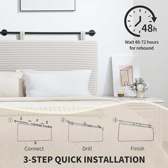 UEV King Headboard Only, Wall Mounted Hanging Upholstered Bed Head Board, Modern Vertical Channel Design of Fine Flannel, Elegant Beige Fluted Headboard for Bedroom (Beige, King Size)