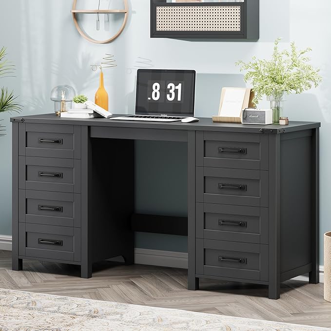 Vabches Farmhouse 60.6” Executive Desk with 7 Drawers, Computer Desk with File Drawer for Hanging Files A4, Workstation for Home Office, Study.Black